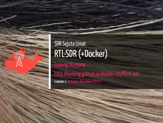 
 SDR Sejuta Umat
RTL-SDR (+Docker)
Eueung Mulyana
http://eueung.github.io/docker-stuff/rtl-sdr
CodeLabs | Attribution-ShareAlike CC BY-SA
1 / 38
