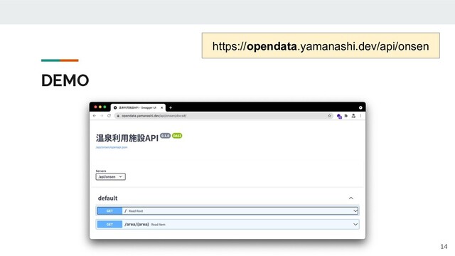 DEMO
14
https://opendata.yamanashi.dev/api/onsen
