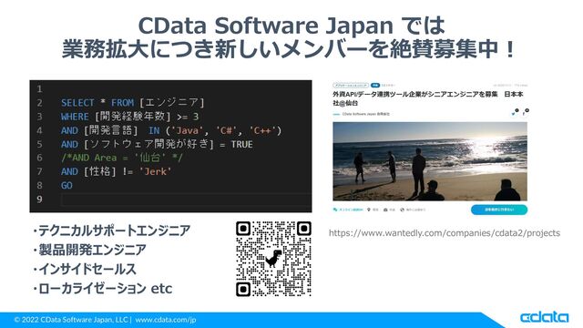 © 2022 CData Software Japan, LLC | www.cdata.com/jp
CData Software Japan では
業務拡大につき新しいメンバーを絶賛募集中！
https://www.wantedly.com/companies/cdata2/projects
・テクニカルサポートエンジニア
・製品開発エンジニア
・インサイドセールス
・ローカライゼーション etc
