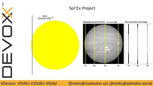 #Devoxx #SolEx #JSolEx #Solar @melix@mastodon.xyz @melix@astrodon.social
Sol’Ex Project
Scan
Direction (RA)

