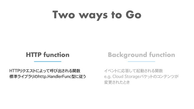 Background function
Two ways to Go
HTTP function
HTTPリクエストによって呼び出される関数 
標準ライブラリのhttp.HandlerFunc型に従う
イベントに応答して起動される関数 
e.g. Cloud Storageバケットのコンテンツが 
変更されたとき
