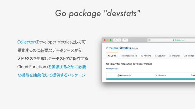 Go package "devstats"
Collector（Developer Metricsとして可
視化するのに必要なデータソースから 
メトリクスを生成しデータストアに保存する
Cloud Function)を実装するために必要
な機能を抽象化して提供するパッケージ
