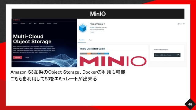 MinIO 
46 
Amazon S3互換のObject Storage、Dockerの利用も可能 
こちらを利用してS3をエミュレートが出来る 
