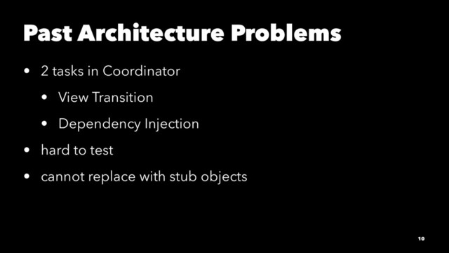 Past Architecture Problems
• 2 tasks in Coordinator
• View Transition
• Dependency Injection
• hard to test
• cannot replace with stub objects
10
