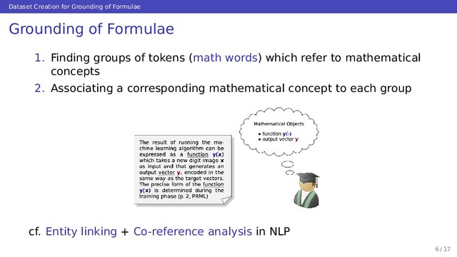 Dataset Creation for Grounding of Formulae
Grounding of Formulae
1. Finding groups of tokens (math words) which refer to mathematical
concepts
2. Associating a corresponding mathematical concept to each group
cf. Entity linking + Co-reference analysis in NLP
6 / 17
