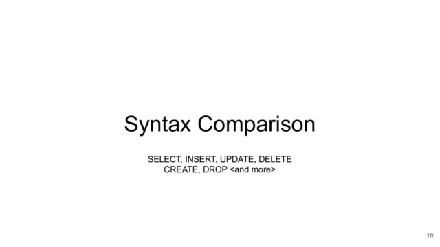Syntax Comparison
18
SELECT, INSERT, UPDATE, DELETE
CREATE, DROP 
