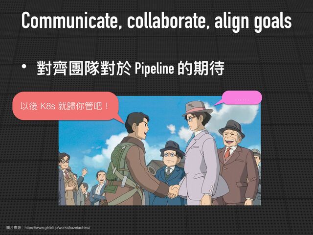 Communicate, collaborate, align goals
圖片來源：https://www.ghibli.jp/works/kazetachinu/
• 對⿑團隊對於 Pipeline 的期待
以後 K8s 就歸你管吧！
……
