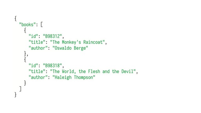 {
"books": [
{
"id": "B98312",
"title": "The Monkey's Raincoat",
"author": "Oswaldo Berge"
},
{
"id": "B98318",
"title": "The World, the Flesh and the Devil",
"author": "Haleigh Thompson"
}
]
}
