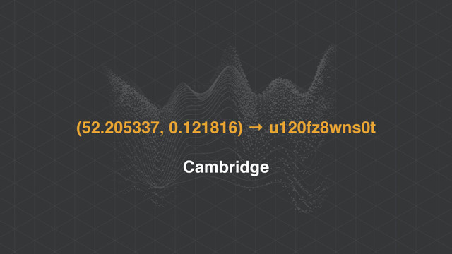 (52.205337, 0.121816) → u120fz8wns0t
Cambridge
