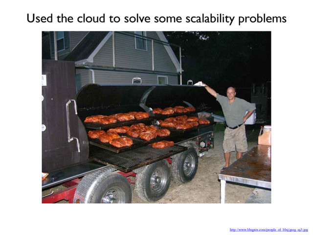 http://www.bbqpits.com/people_of_bbq/greg_nj3.jpg
Used the cloud to solve some scalability problems
