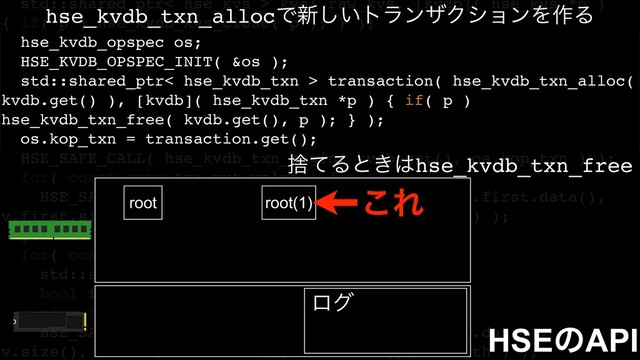 std::shared_ptr< hse_kvs > kvs( raw_kvs, [kvdb]( hse_kvs *p )
{ if( p ) hse_kvdb_kvs_close( p ); } );
hse_kvdb_opspec os;
HSE_KVDB_OPSPEC_INIT( &os );
std::shared_ptr< hse_kvdb_txn > transaction( hse_kvdb_txn_alloc(
kvdb.get() ), [kvdb]( hse_kvdb_txn *p ) { if( p )
hse_kvdb_txn_free( kvdb.get(), p ); } );
os.kop_txn = transaction.get();
HSE_SAFE_CALL( hse_kvdb_txn_begin( kvdb.get(), os.kop_txn ) );
for( const auto &v: put_value ) {
HSE_SAFE_CALL( hse_kvs_put( kvs.get(), &os, v.first.data(),
v.first.size(), v.second.data(), v.second.size() ) );
}
for( const auto &v: get_value ) {
std::array< char, 100 > data{ 0 };
bool found = false;
size_t length = 0;
HSE_SAFE_CALL( hse_kvs_get( kvs.get(), &os, v.data(),
v.size(), &found, data.data(), data.size(), &length ) );
HSEͷAPI
hse_kvdb_txn_allocͰ৽͍͠τϥϯβΫγϣϯΛ࡞Δ
root root(1) ͜Ε
ϩά
ࣺͯΔͱ͖͸hse_kvdb_txn_free
