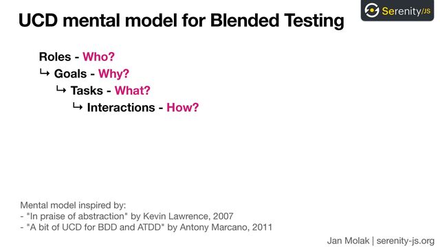 Jan Molak | serenity-js.org
UCD mental model for Blended Testing
Roles - Who?
↳ Goals - Why?
↳ Tasks - What?
↳ Interactions - How?
Mental model inspired by: 
- "In praise of abstraction" by Kevin Lawrence, 2007

- "A bit of UCD for BDD and ATDD" by Antony Marcano, 2011
