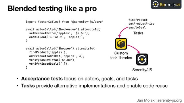 Jan Molak | serenity-js.org
Blended testing like a pro
• Acceptance tests focus on actors, goals, and tasks

• Tasks provide alternative implementations and enable code reuse
import {actorCalled} from '@serenity-js/core'


await actorCalled('Shopkeeper').attemptsTo(
 
setProductPrice('apples', '$2.50'),


enableDeal('3-for-2', 'apples'),
 
)


await actorCalled('Shopper').attemptsTo(


findProduct('apples'),


addProductToBasket('apples', 3),


verifyBasketTotal('$5.00'),


verifyMissedDeals([ ]),


)
Serenity/JS
Custom 
task libraries
findProduct
 
setProductPrice
 
enableDeal
Tasks
