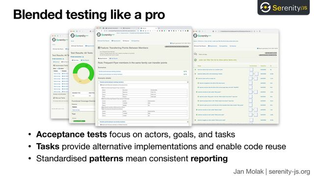 Jan Molak | serenity-js.org
Blended testing like a pro
• Acceptance tests focus on actors, goals, and tasks

• Tasks provide alternative implementations and enable code reuse

• Standardised patterns mean consistent reporting
