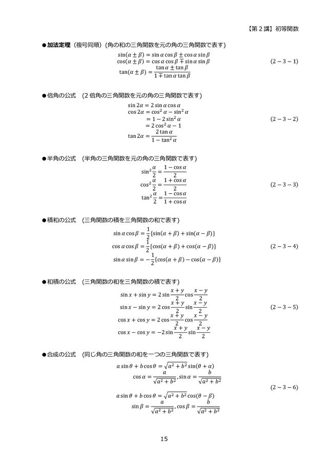 【第 2 講】初等関数
15
●加法定理（複号同順）(角の和の三角関数を元の角の三角関数で表す)
sin(𝛼 ± 𝛽) = sin𝛼 cos 𝛽 ± cos 𝛼 sin𝛽
cos(𝛼 ± 𝛽) = cos 𝛼 cos 𝛽 ∓ sin 𝛼 sin 𝛽 (2 − 3 − 1)
tan(𝛼 ± 𝛽) =
tan𝛼 ± tan𝛽
1 ∓ tan 𝛼 tan𝛽
⁡ ⁡
●倍角の公式 (2 倍角の三角関数を元の角の三角関数で表す)
sin2𝛼 = 2 sin𝛼 cos 𝛼
cos 2𝛼 = cos2 𝛼 − sin2 𝛼
= 1 − 2 sin2 𝛼 (2 − 3 − 2)
⁡ ⁡ ⁡ ⁡ ⁡ ⁡ = 2 cos2 𝛼 − 1
tan2𝛼 =
2 tan 𝛼
1 − tan2 𝛼
●半角の公式 (半角の三角関数を元の角の三角関数で表す)
sin2
𝛼
2
=
1 − cos 𝛼
2
cos2
𝛼
2
=
1 + cos 𝛼
2
(2 − 3 − 3)
tan2
𝛼
2
=
1 − cos 𝛼
1 + cos 𝛼
●積和の公式 (三角関数の積を三角関数の和で表す)
sin𝛼 cos 𝛽 =
1
2
{sin(𝛼 + 𝛽) + sin(𝛼 − 𝛽)}
cos 𝛼 cos 𝛽 =
1
2
{cos(𝛼 + 𝛽) + cos(𝛼 − 𝛽)} (2 − 3 − 4)
⁡ ⁡ sin𝛼 sin𝛽 = −
1
2
{cos(𝛼 + 𝛽) − cos(𝛼 − 𝛽)}
●和積の公式 (三角関数の和を三角関数の積で表す)
sin𝑥 + sin 𝑦 = 2 sin
𝑥 + 𝑦
2
cos
𝑥 − 𝑦
2
sin𝑥 − sin𝑦 = 2 cos
𝑥 + 𝑦
2
sin
𝑥 − 𝑦
2
(2 − 3 − 5)
cos 𝑥 + cos 𝑦 = 2 cos
𝑥 + 𝑦
2
cos
𝑥 − 𝑦
2
cos 𝑥 − cos 𝑦 = −2sin
𝑥 + 𝑦
2
sin
𝑥 − 𝑦
2
●合成の公式 (同じ角の三角関数の和を一つの三角関数で表す)
𝑎 sin𝜃 + 𝑏 cos 𝜃 = √𝑎2 + 𝑏2 sin(𝜃 + 𝛼)
⁡ ⁡ ⁡ ⁡ ⁡ ⁡ ⁡ ⁡ cos 𝛼 =
𝑎
√𝑎2 + 𝑏2
, sin𝛼 =
𝑏
√𝑎2 + 𝑏2
⁡ (2 − 3 − 6)
𝑎 sin𝜃 + 𝑏 cos 𝜃 = √𝑎2 + 𝑏2 cos(𝜃 − 𝛽)
⁡ ⁡ ⁡ ⁡ ⁡ ⁡ ⁡ sin𝛽 =
𝑎
√𝑎2 + 𝑏2
, cos 𝛽 =
𝑏
√𝑎2 + 𝑏2

