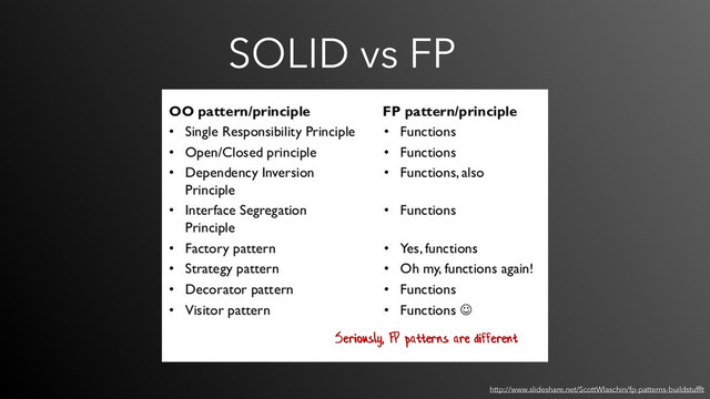 SOLID vs FP
http://www.slideshare.net/ScottWlaschin/fp-patterns-buildstufﬂt
