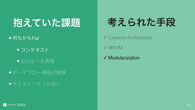 132
๊͍͑ͯͨ՝୊
Կ΋͔΋Fat
ίϯςΩετ
෼͚Δ΂͖੹຿
σʔλϑϩʔઓུ͕ᐆດ
ςελϏϦςΟ͕௿͍
ߟ͑ΒΕͨखஈ
✓ Layered Architecture
✓ MVVM
✓ Modularization
