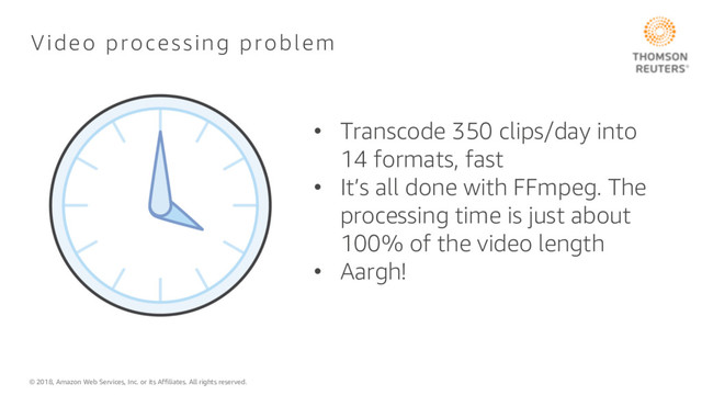 © 2018, Amazon Web Services, Inc. or its Affiliates. All rights reserved.
• Transcode 350 clips/day into
14 formats, fast
• It’s all done with FFmpeg. The
processing time is just about
100% of the video length
• Aargh!
Video processing problem
