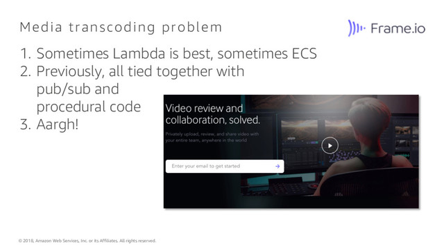 © 2018, Amazon Web Services, Inc. or its Affiliates. All rights reserved.
1. Sometimes Lambda is best, sometimes ECS
2. Previously, all tied together with
pub/sub and
procedural code
3. Aargh!
Media transcoding problem
