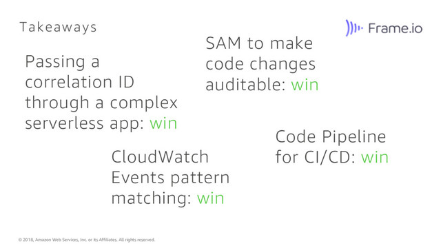 © 2018, Amazon Web Services, Inc. or its Affiliates. All rights reserved.
Takeaways
Passing a
correlation ID
through a complex
serverless app: win
SAM to make
code changes
auditable: win
Code Pipeline
for CI/CD: win
CloudWatch
Events pattern
matching: win
