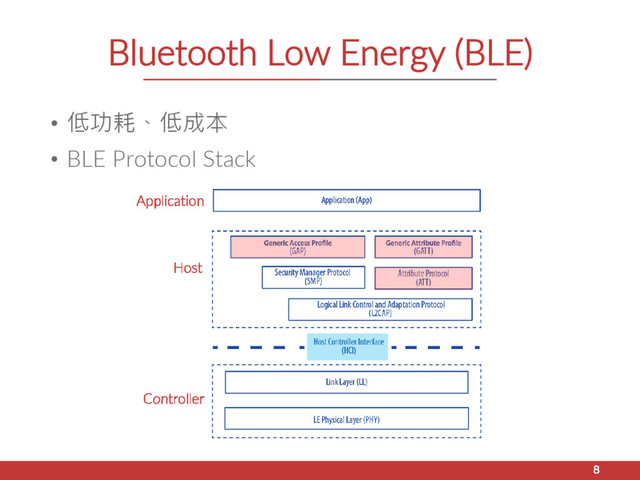 Bluetooth Low Energy (BLE)
• 低功耗、低成本
• BLE Protocol Stack
8
Application
Host
Controller
