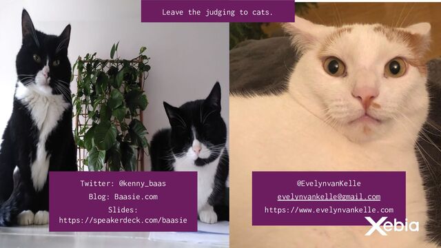 @kenny_baas #CatTax
Twitter: @kenny_baas
Blog: Baasie.com
Slides:
https://speakerdeck.com/baasie
@EvelynvanKelle
evelynvankelle@gmail.com
https://www.evelynvankelle.com
Leave the judging to cats.
