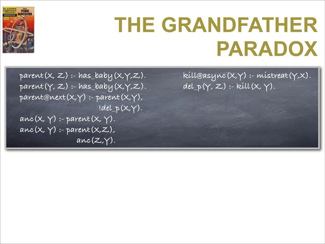 THE GRANDFATHER
PARADOX
parent(X, Z) :- has_baby(X,Y,Z).
parent(Y, Z) :- has_baby(X,Y,Z).
parent@next(X,Y) :- parent(X,Y),
!del_p(X,Y).
anc(X, Y) :- parent(X, Y).
anc(X, Y) :- parent(X,Z),
anc(Z,Y).
kill@async(X,Y) :- mistreat(Y,X).
del_p(Y, Z) :- kill(X, Y).
