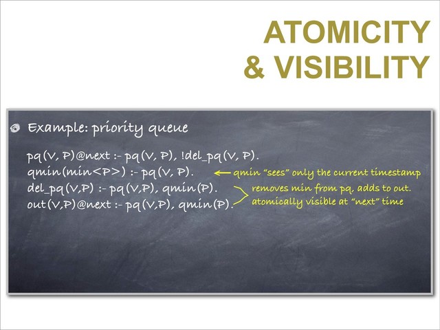 ATOMICITY
& VISIBILITY
Example: priority queue
pq(V, P)@next :- pq(V, P), !del_pq(V, P).
qmin(min<p>) :- pq(V, P).
del_pq(V,P) :- pq(V,P), qmin(P).
out(V,P)@next :- pq(V,P), qmin(P).
removes min from pq, adds to out.
atomically visible at “next” time
qmin “sees” only the current timestamp
</p>