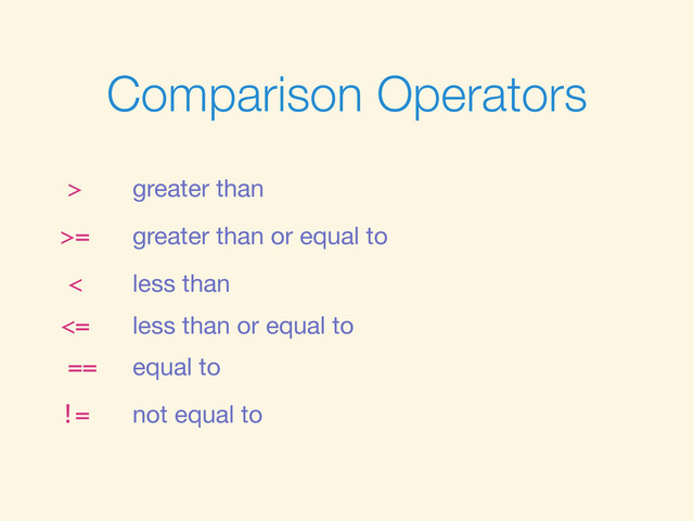 Comparison Operators
> greater than
>= greater than or equal to
< less than
<= less than or equal to
== equal to
!= not equal to
