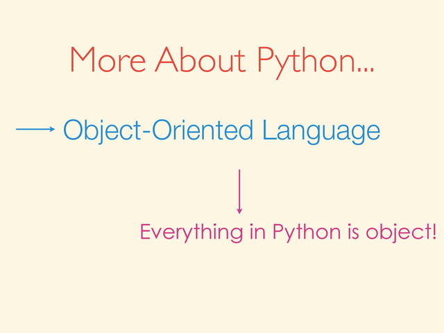 More About Python...
Object-Oriented Language
Everything in Python is object!
