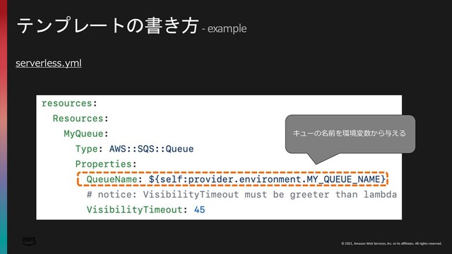 © 2021, Amazon Web Services, Inc. or its affiliates. All rights reserved.
テンプレートの書き方- example
serverless.yml
キューの名前を環境変数から与える
