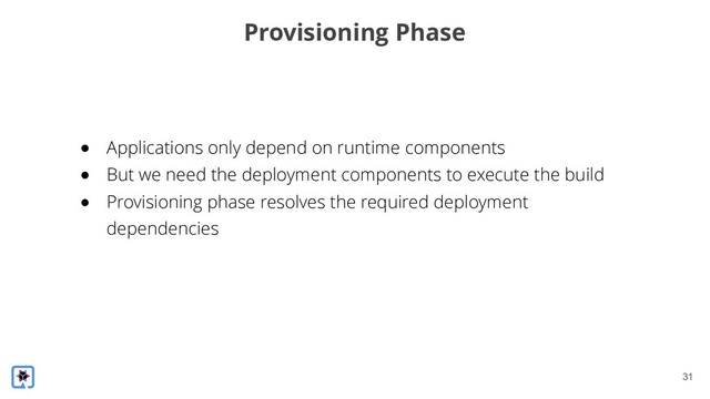 !31
Provisioning Phase
● Applications only depend on runtime components
● But we need the deployment components to execute the build
● Provisioning phase resolves the required deployment
dependencies
