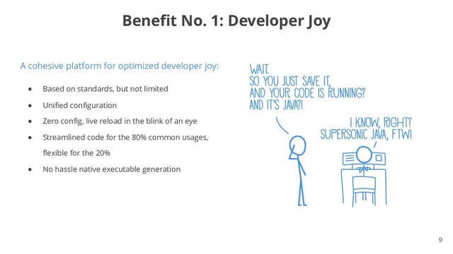 !9
A cohesive platform for optimized developer joy:
● Based on standards, but not limited
● Unified configuration
● Zero config, live reload in the blink of an eye
● Streamlined code for the 80% common usages,
flexible for the 20%
● No hassle native executable generation
Benefit No. 1: Developer Joy
