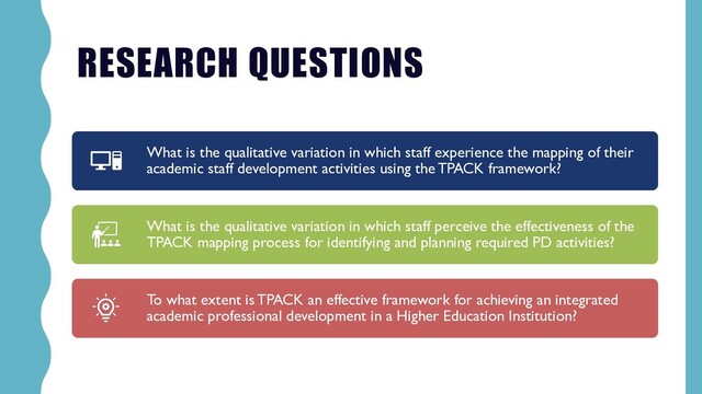 RESEARCH QUESTIONS
What is the qualitative variation in which staff experience the mapping of their
academic staff development activities using the TPACK framework?
What is the qualitative variation in which staff perceive the effectiveness of the
TPACK mapping process for identifying and planning required PD activities?
To what extent is TPACK an effective framework for achieving an integrated
academic professional development in a Higher Education Institution?
