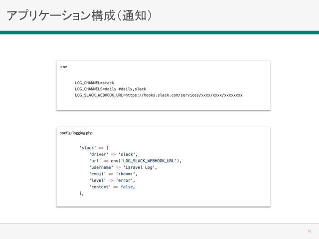 config/logging.php 
.env 
アプリケーション構成（通知） 
76 
