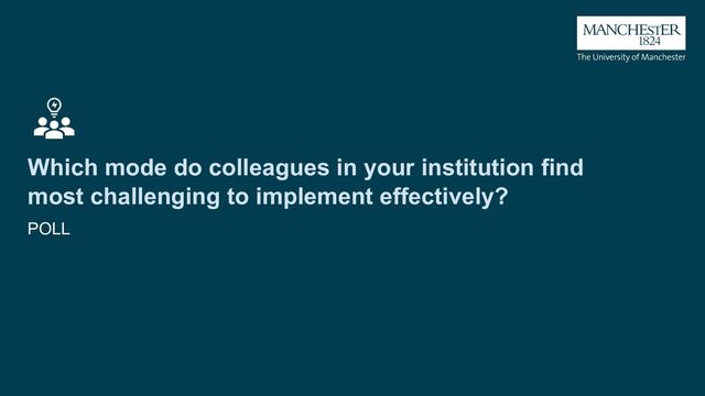 Which mode do colleagues in your institution find
most challenging to implement effectively?
POLL
