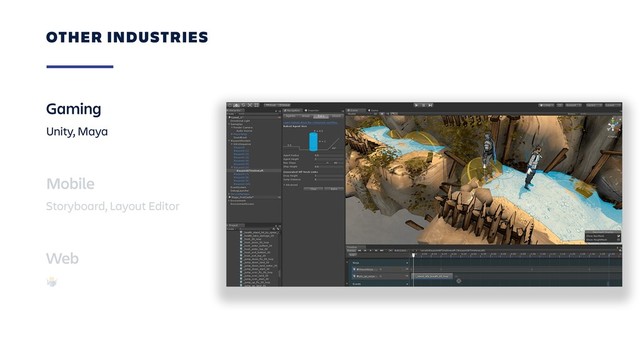 OTHER INDUSTRIES
Gaming
Unity, Maya
Mobile
Storyboard, Layout Editor
Web
&
