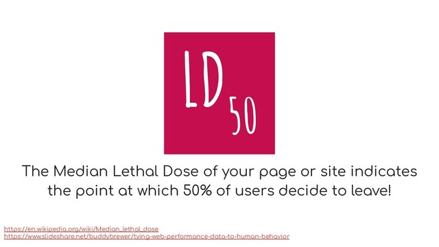LD
50
The Median Lethal Dose of your page or site indicates
the point at which 50% of users decide to leave!
https://en.wikipedia.org/wiki/Median_lethal_dose
https://www.slideshare.net/buddybrewer/tying-web-performance-data-to-human-behavior
