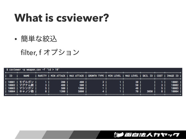 What is csviewer?
• ؆୯ͳߜࠐ 
ﬁlter, f Φϓγϣϯ
