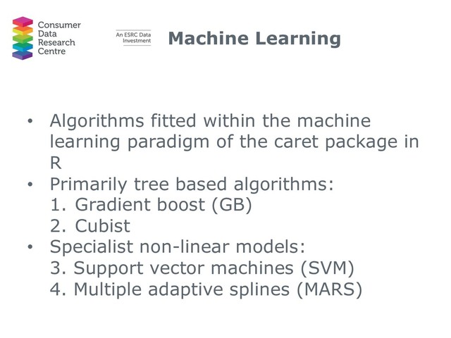 Machine Learning
• Algorithms fitted within the machine
learning paradigm of the caret package in
R
• Primarily tree based algorithms:
1. Gradient boost (GB)
2. Cubist
• Specialist non-linear models:
3. Support vector machines (SVM)
4. Multiple adaptive splines (MARS)
