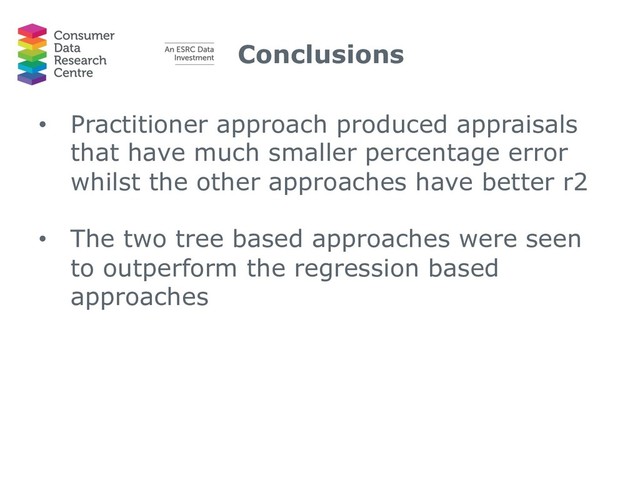 Conclusions
• Practitioner approach produced appraisals
that have much smaller percentage error
whilst the other approaches have better r2
• The two tree based approaches were seen
to outperform the regression based
approaches
