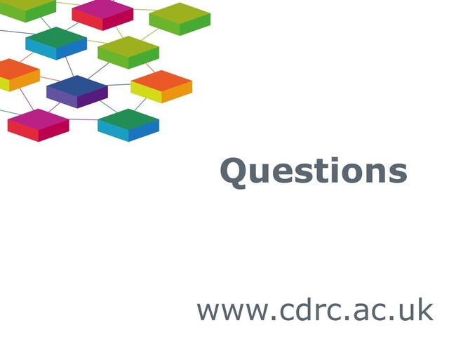 • Three-tier Data Access
• Secure Facilities
• Trusted Researchers
• Governance
• Safe results
www.cdrc.ac.uk
Questions
