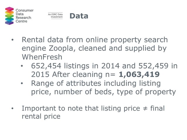 Data
• Rental data from online property search
engine Zoopla, cleaned and supplied by
WhenFresh
• 652,454 listings in 2014 and 552,459 in
2015 After cleaning n= 1,063,419
• Range of attributes including listing
price, number of beds, type of property
• Important to note that listing price ≠ final
rental price

