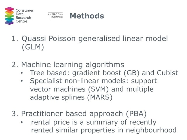 Methods
1. Quassi Poisson generalised linear model
(GLM)
2. Machine learning algorithms
• Tree based: gradient boost (GB) and Cubist
• Specialist non-linear models: support
vector machines (SVM) and multiple
adaptive splines (MARS)
3. Practitioner based approach (PBA)
• rental price is a summary of recently
rented similar properties in neighbourhood
