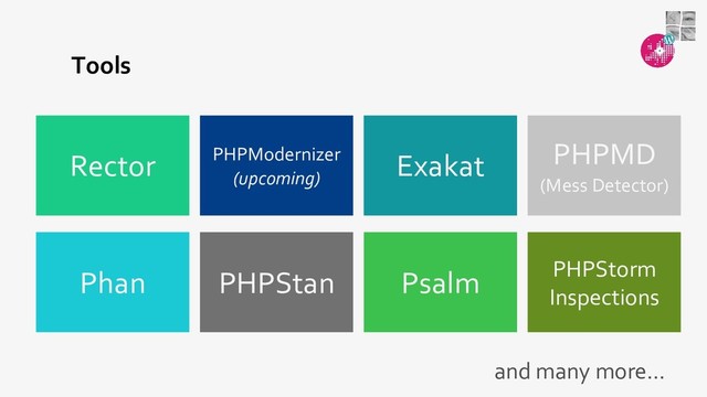 Tools
Psalm
PHPStan
Phan
Exakat
PHPModernizer
(upcoming)
Rector
PHPStorm
Inspections
PHPMD
(Mess Detector)
and many more...
