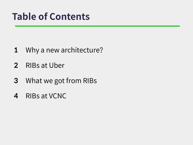 Table of Contents
1 Why a new architecture?
2 RIBs at Uber
3 What we got from RIBs
4 RIBs at VCNC
