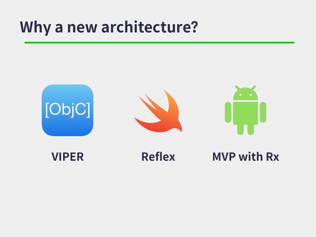 Why a new architecture?
VIPER Reflex MVP with Rx
