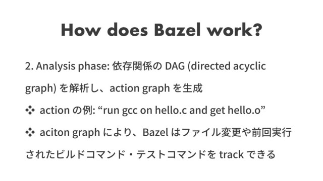 How does Bazel work?
2. Analysis phase: DAG (directed acyclic
graph) action graph
action : run gcc on hello.c and get hello.o
aciton graph Bazel
track
