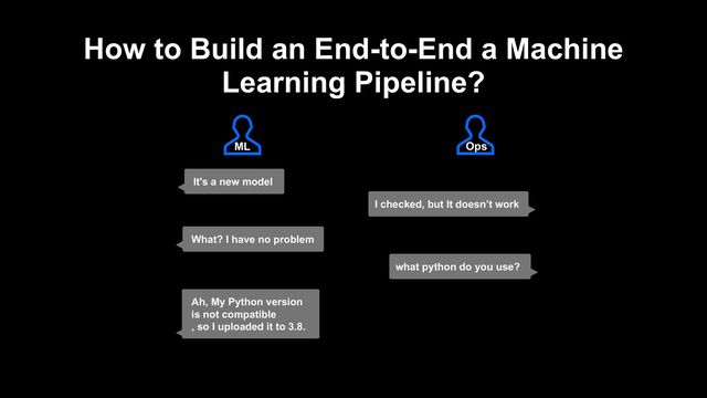 How to Build an End-to-End a Machine
Learning Pipeline?
It's a new model
What? I have no problem
Ah, My Python version
is not compatible
, so I uploaded it to 3.8.
I checked, but It doesn’t work
what python do you use?
ML Ops
