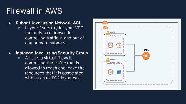 Firewall in AWS
● Subnet-level using Network ACL
○ Layer of security for your VPC
that acts as a firewall for
controlling traffic in and out of
one or more subnets.
● Instance-level using Security Group
○ Acts as a virtual firewall,
controlling the traffic that is
allowed to reach and leave the
resources that it is associated
with, such as EC2 instances.
